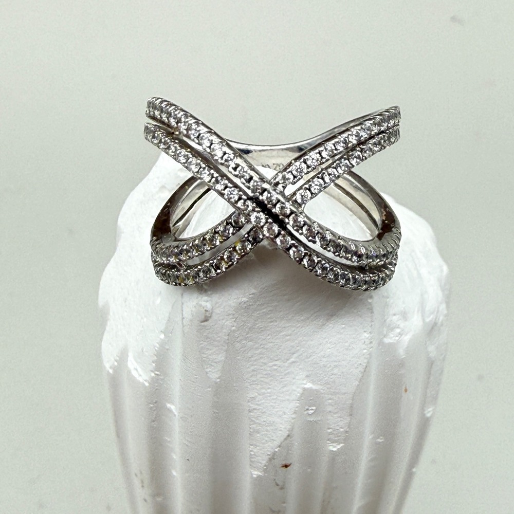 JCM 925 Sterling Silver Cubic Zirconia X Crossover Statement Ring Size 7-7.25
